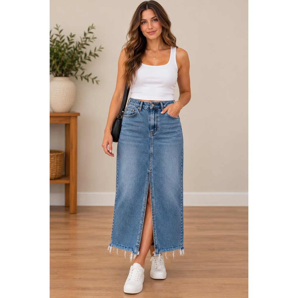 HG Denim Maxi Skirt Size 3/25 Blue Wash Front Slit Raw Hem Y2K Boho